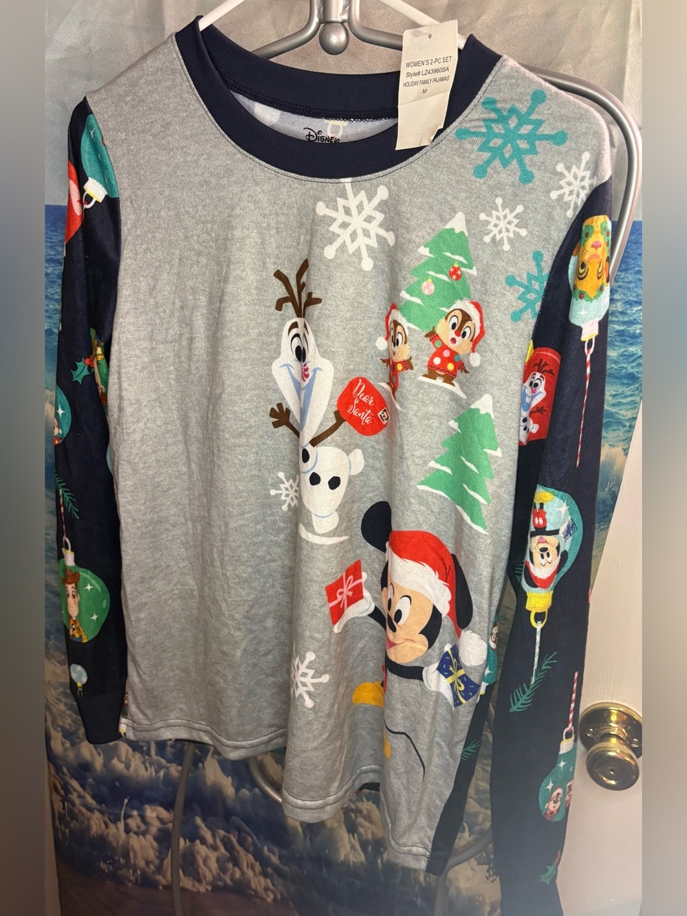 Disney 100th Anniversary Gray & Navy Long Sleeve Christmas Tee w Mickey & Olaf